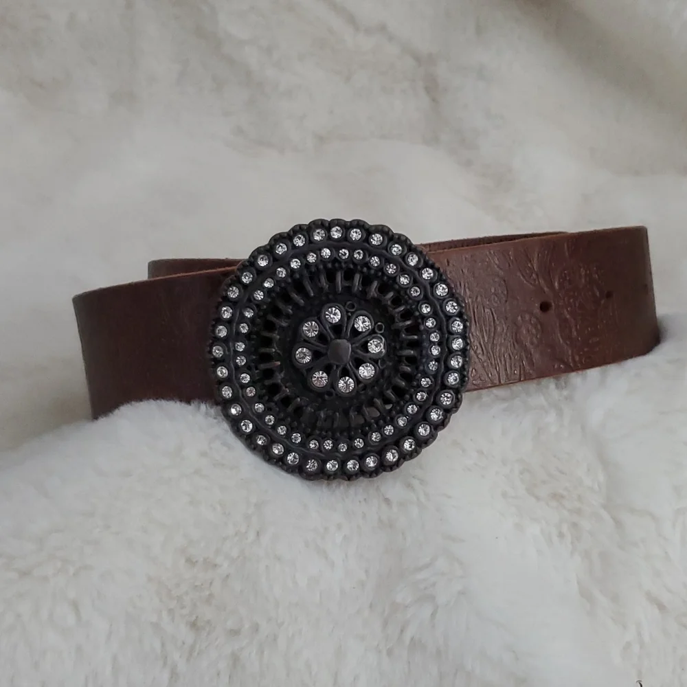 Fossil Jeweled Buckle Leather Embossed Leather Belt